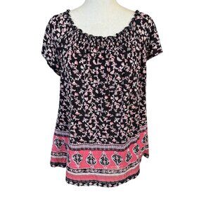 Bobbie Brooks pink and black floral short sleeve pullover top size XL